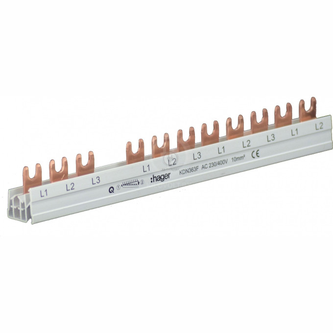 Вильчатая шинка HAGER, (L1+L2+L3+18мм)+8Lx, 10 кв.мм, 12M, для одного УЗО и 8 однополюсных автоматов, трёхфазная, медная, изолированная KDN363F